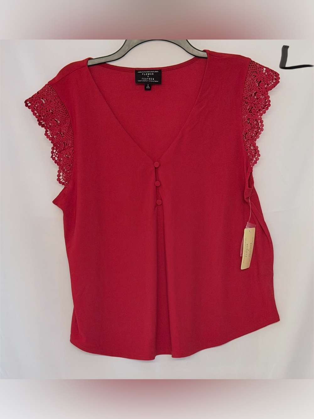 Floral Lace Flutter Sleeve V-Neck Blouse — Red